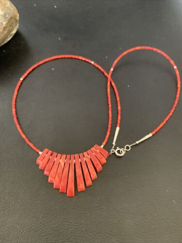 Navajo Apple Coral Heishi Fan Bead Necklace | Sterling Silver Tube | 20" | Authentic Native American Handmade | 10476 - Masha USA