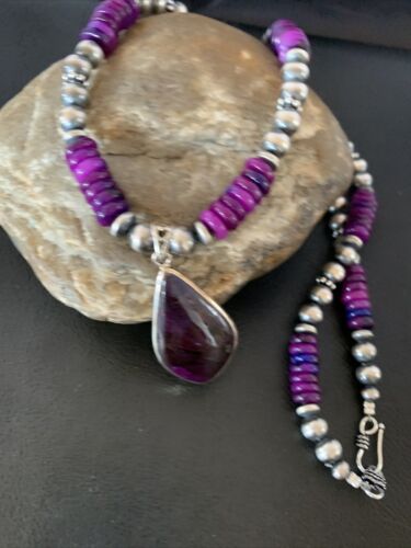 Navajo Purple Sugilite Pendant Necklace | Sterling Silver Pearls | Authentic Native American Handmade | 10330