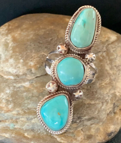 Navajo Blue Turquoise Cluster Ring | Authentic Native American Sterling Silver | Multi-Stone | Sz 11 | 02122