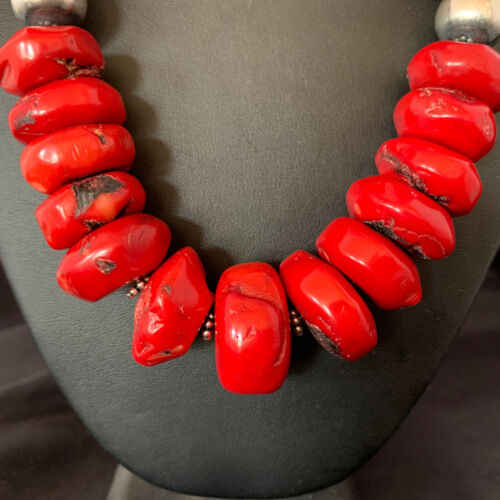 Navajo Red Coral Bead Necklace | Sterling Silver | Graduated 21" | Authentic Native American Jewelry | 13160