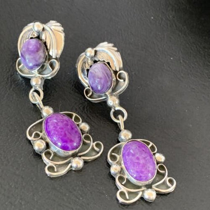 Navajo Purple Sugilite Dangle Post Earrings | Sterling Silver | 2" | Authentic Native American Handmade | 1524