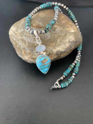 Navajo Pearls Necklace with Blue Mojave Turquoise Moon Pendant | Authentic Native American Sterling Silver | Multi-Stone | 11912