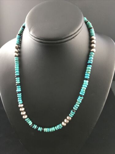 Native American Sterling Silver Blue Turquoise Onyx Necklace 18” 10027