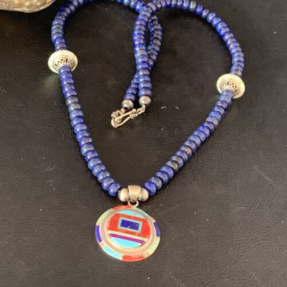 Authentic Native American Navajo Necklace | Sterling Silver with Turquoise, Lapis & Opal Pendant | 13981