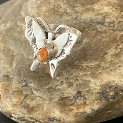 Navajo Orange Spiny Oyster Butterfly Ring | Sterling Silver | Sz Adj 8 | Authentic Native American Handmade | 10343