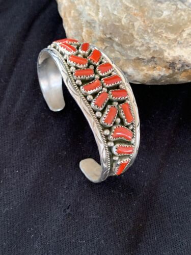 Native American Red Coral Cuff Bracelet | Navajo Sterling Silver | Authentic Handmade | 4670 - Masha USA