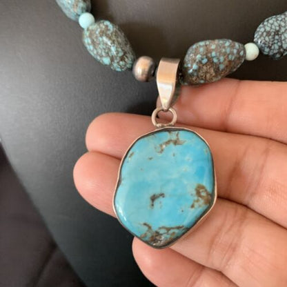 Men's Navajo Kingman Turquoise Pendant Necklace | Sterling Silver | 20" | Authentic Native American Handmade | 10224