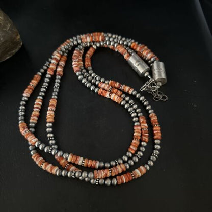 Navajo Pearls Necklace | Sterling Silver | Orange Spiny Oyster | 3-Strand | 22" | 14675