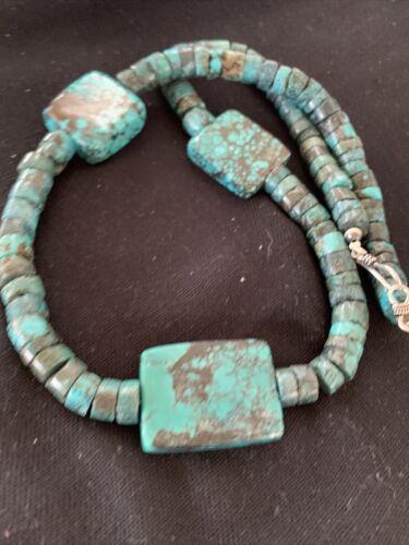 Native American Rustic Turquoise Nugget Heishi Bead Necklace | Sterling Silver | 22" | 01397