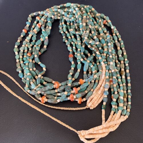 Native American Santo Domingo 7-Strand Necklace | Shell & Green Turquoise | 38" | 12051