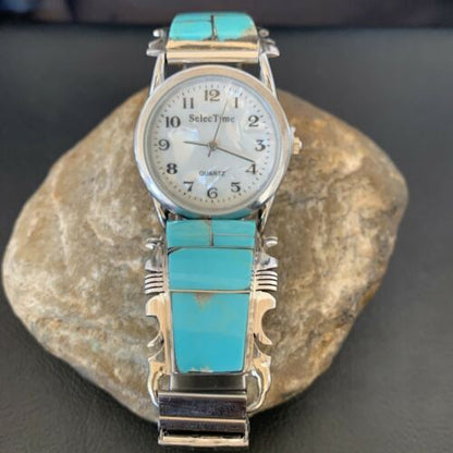 Navajo Men's Watch Tips | Sterling Silver & Turquoise Inlay | Authentic Native American Jewelry | 2094