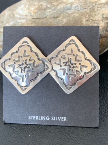 Native American Women's Post Earrings | 1" Navajo Sterling Silver Stamped | Handmade | 1655