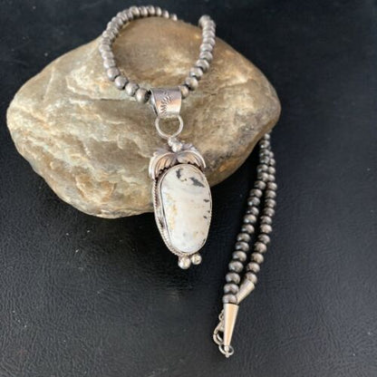 Men's Navajo Pearl White Buffalo Turquoise Sterling Necklace Pendant | 13752