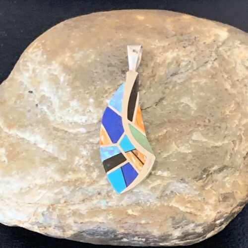 Navajo Spiny Blue Opal Lapis Pendant | Sterling Silver Inlay | Authentic Native American Handmade | 12276