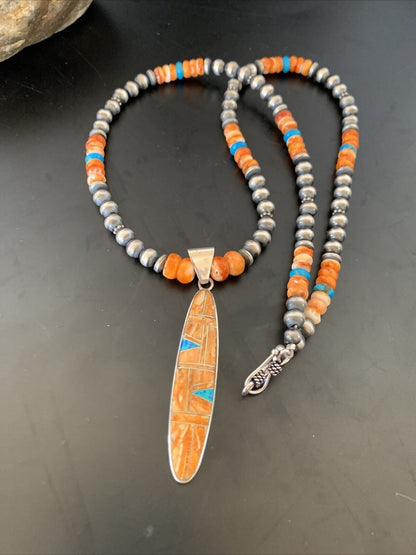 Navajo Pearls Sterling Silver Necklace with Orange Spiny Oyster & Opal Pendant | Authentic Native American | 11384