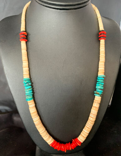 Authentic Native American Santo Domingo Necklace | Red Coral, Blue Turquoise, Onyx, Shell | 22" | 13485