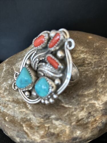 Navajo Blue Kingman Turquoise Coral Ring | Authentic Native American Sterling Silver | Multi-Stone | Sz 9.5 | 14499