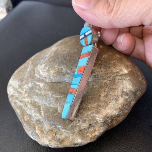 Navajo Blue Turquoise Spiny Inlay Pendant | Sterling Silver | Authentic Native American Handmade | 10881