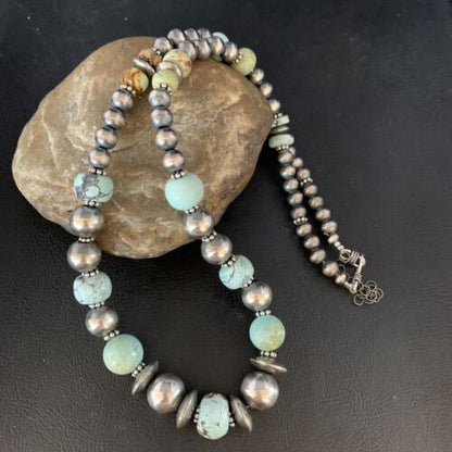 Dry Creek Turquoise Navajo Pearls Beaded Necklace | Sterling Silver | 25" | Authentic Native American Handmade | 14103 - Masha USA
