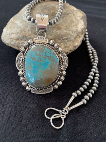Men's Navajo Pearls Necklace Pendant | Sterling Silver | Blue Turquoise #8 | Authentic Native American Handmade | 528