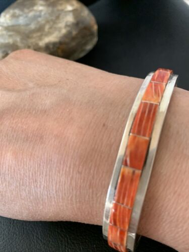 Navajo Native American Red Spiny Oyster Inlay Bracelet | Sterling Silver | Authentic Handmade | 1166
