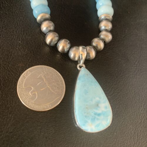 Navajo Men's Blue Larimar Pendant | 10mm | Sterling Silver | Natural Necklace | Authentic Native American | 14001