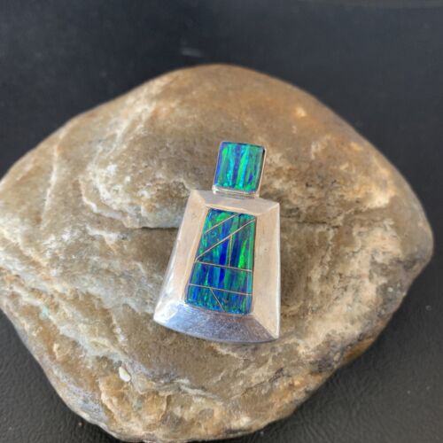Authentic Native American Navajo Sterling Silver Blue Opal Inlay Pendant | Handmade Jewelry | 13334