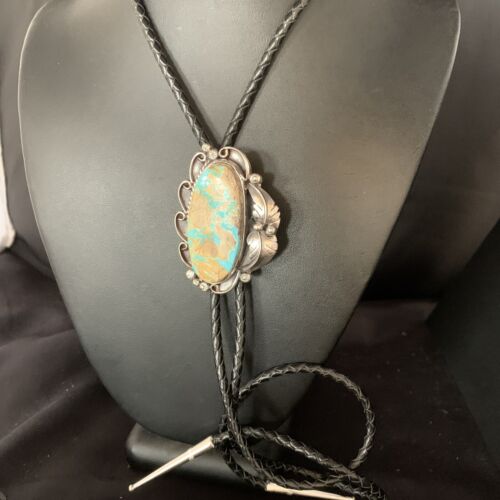 Navajo Green Royston Turquoise Bolo Tie | Sterling Silver | Authentic Native American Handmade | 14106