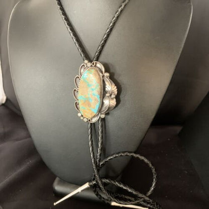 Navajo Green Royston Turquoise Bolo Tie | Sterling Silver | Authentic Native American Handmade | 14106