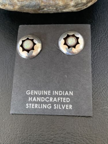 Navajo White Opal Post Shadow Box Earrings | Sterling Silver | 0.25" | Authentic Native American Handmade | 13036