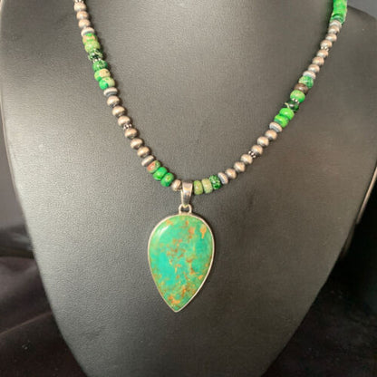Navajo Pearl Green Turquoise Necklace Pendant | Sterling Silver | Authentic Native American Handmade | 13469