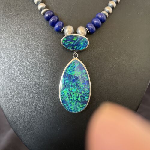 Women's Sterling Silver Necklace | Blue Lapis Bead Opal Inlay Pendant | Multi-Stone | 10584