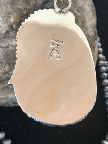 Kingman Turquoise Pendant | Navajo Pearls Sterling Silver Necklace | Authentic Native American Handmade | 8573