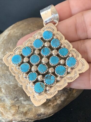 Navajo Blue Turquoise Cluster Pendant | Authentic Native American Sterling Silver | Multi-Stone | 2.5" | 02097