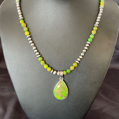 Navajo Pearl Necklace with Green Mojave Turquoise Pendant | Sterling Silver | Authentic Native American Handmade | 10580