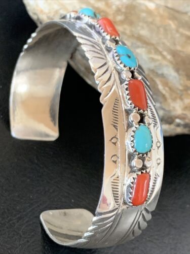 Navajo Blue Kingman Turquoise Coral Cuff Bracelet | 7 Strand | Sterling Silver | 12315