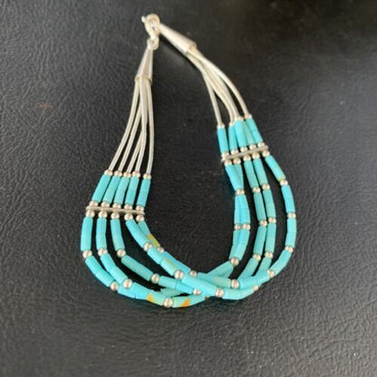 Navajo Blue Green Turquoise Heishi Sterling Silver Bracelet | 5-Strand | 8" | 13617