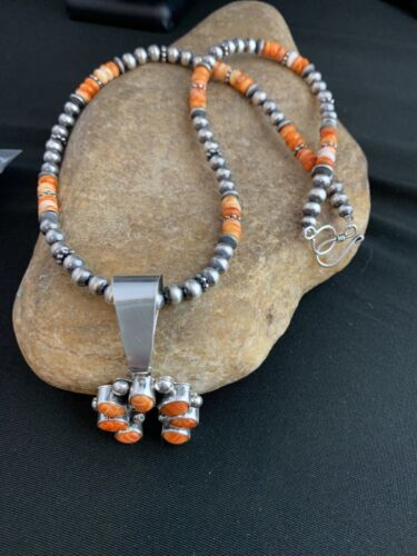 Navajo Pearls Sterling Necklace | Orange Spiny Oyster Cluster Naja Pendant | Native American 21" | 00189