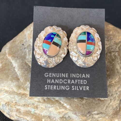 Women's Multi-Color Blue Turquoise Nugget Earrings | Sterling Silver | Authentic Native American Handmade | 13014