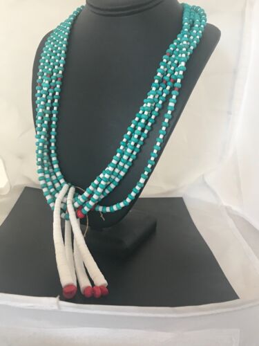 Men's Pueblo Santo Domingo 5-Strand Turquoise Coral Necklace | Sterling Silver | Native American Handmade | 8450