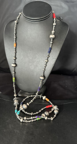 Navajo Pearls Multi-Color Sterling Silver Bead Necklace | 60" Single Strand | Southwestern