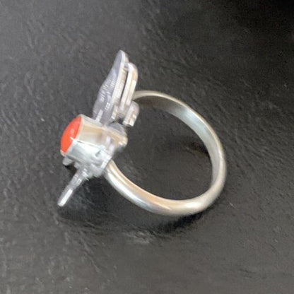 Navajo Red Spiny Oyster Butterfly Ring | Sterling Silver | Adj Sz 8 | Authentic Native American Handmade | 10341