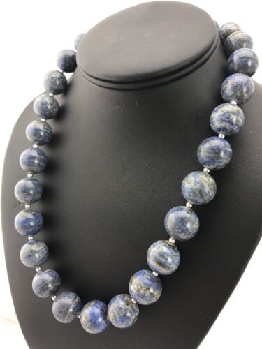 Authentic Native American Handmade | Navajo Sterling Silver Denim Lapis Bead Necklace | 20" | 16mm
