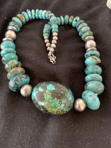 Navajo Pearl Graduated Sterling Silver Natural Blue Turquoise Necklace | Authentic Native American | 22" | 00706