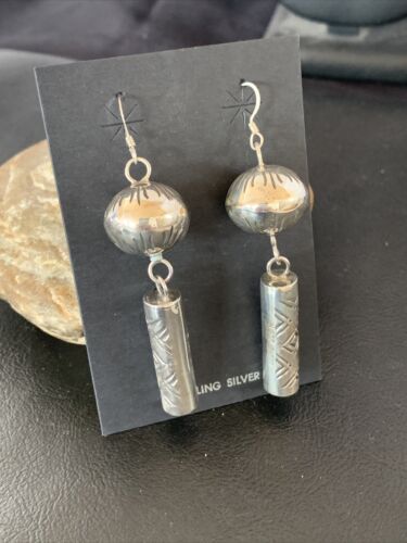 Navajo Sterling Silver Bead Earrings | Handmade Native American Pearls | 2.75" | 1519