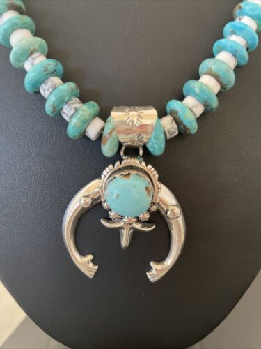 Navajo Kingman Turquoise Naja Pendant | Sterling Silver Howlite Necklace | Authentic Native American Handmade | 1388