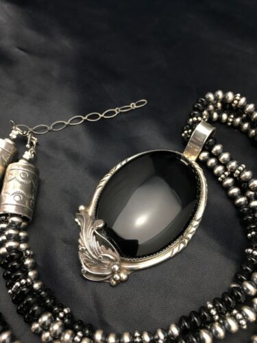Navajo Pearls Sterling Silver Black Onyx Necklace | 3 Strand Pendant | 23" | Authentic Native American Handmade | 1012