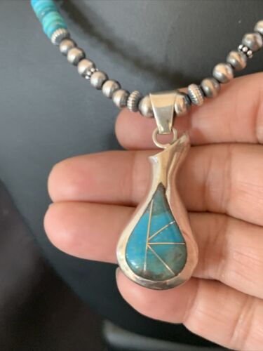 Navajo Pearl Necklace with Blue Turquoise Pottery Pendant | Sterling Silver | Authentic Native American Handmade | 12502