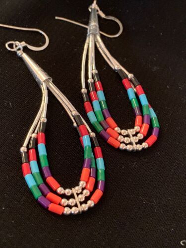 Handmade Liquid Silver Heishi Dangle Earrings | Turquoise Coral | Sterling Silver | 2" | 2001