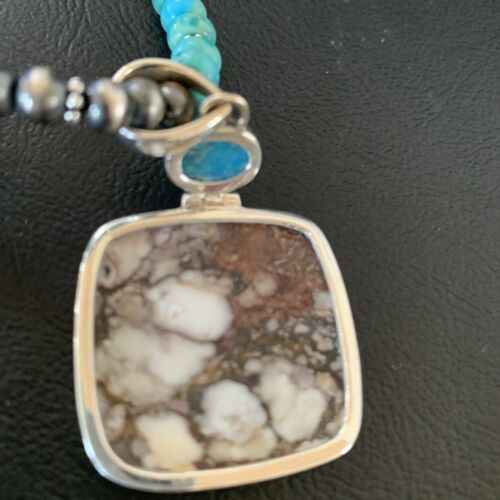 Men's Navajo Pearl Necklace | Sterling Silver | Blue Turquoise & Wild Horse Pendant | 11860